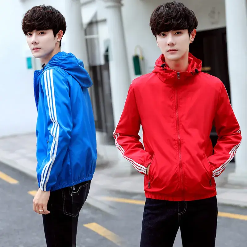 Men's Orange 3-Bar Trench Coat Spring Autumn Hooded Top - Image 8