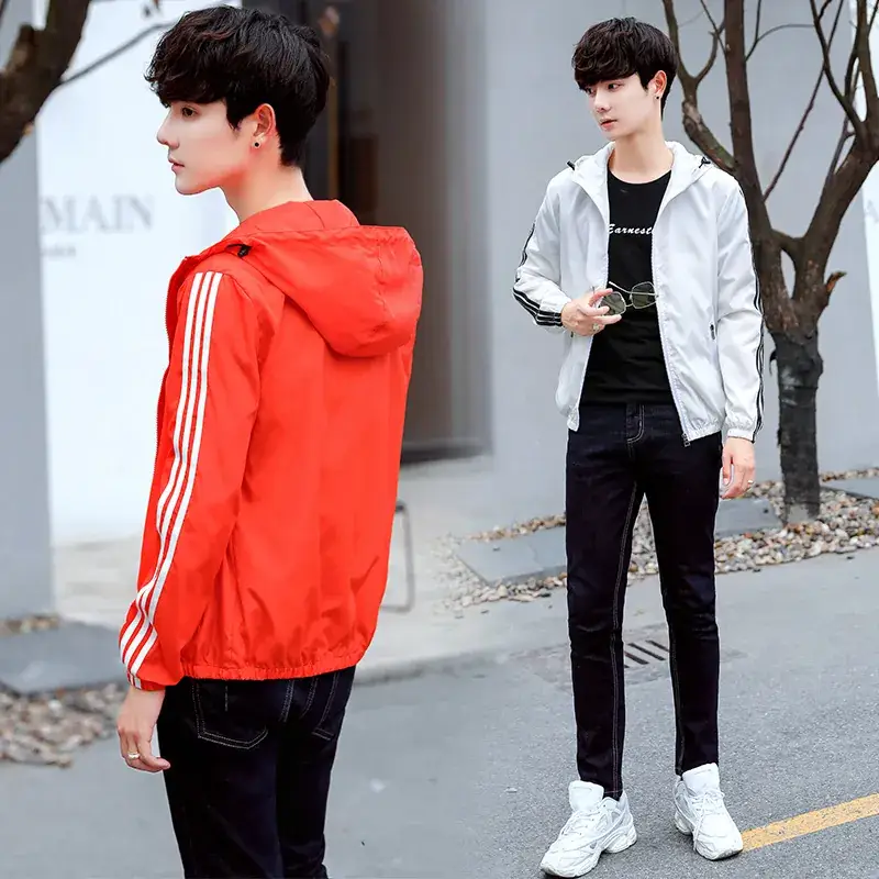 Men's Orange 3-Bar Trench Coat Spring Autumn Hooded Top - Image 9