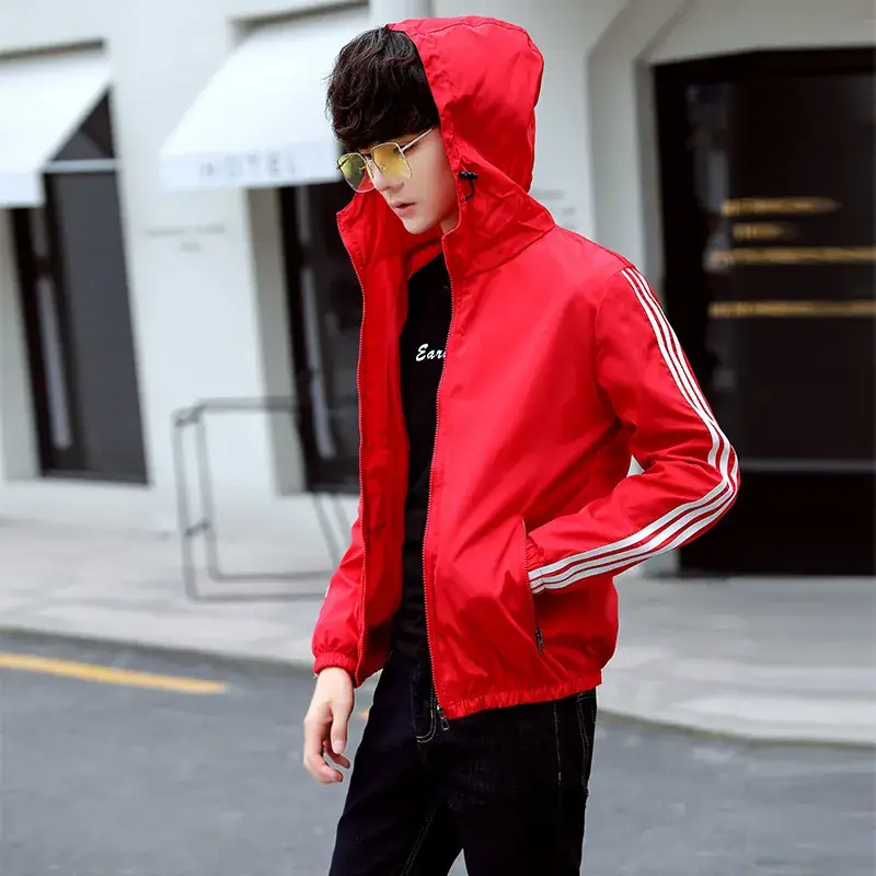 Men's Orange 3-Bar Trench Coat Spring Autumn Hooded Top - Image 10