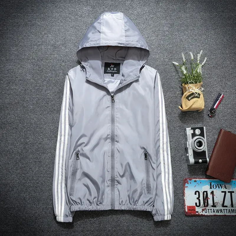 Men's Orange 3-Bar Trench Coat Spring Autumn Hooded Top - Image 3