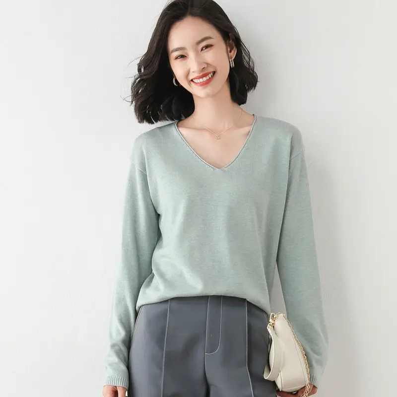 Women's Red V-Neck Knitted Pullover Sweater - Image 12