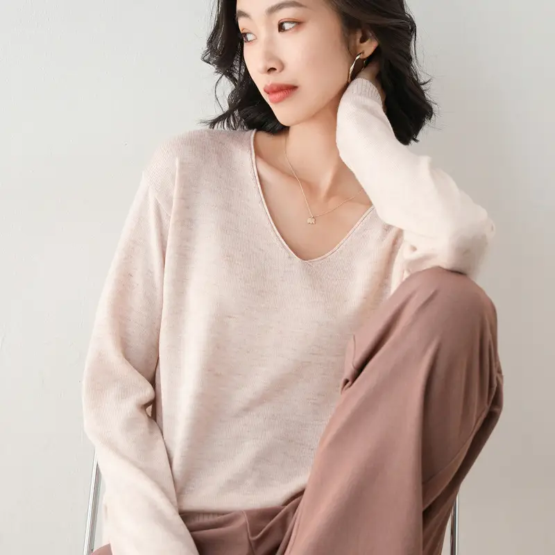 Women's Red V-Neck Knitted Pullover Sweater - Image 14