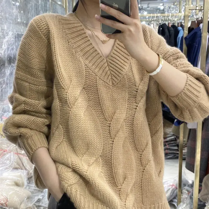 Women's Red V-Neck Knitted Pullover Sweater — feature 12