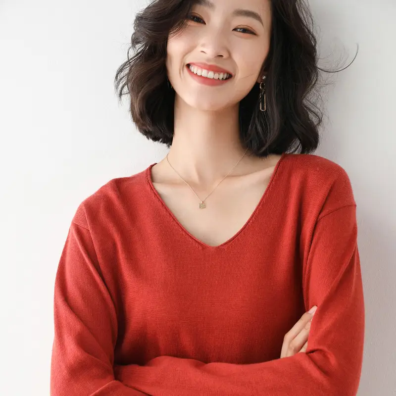 Women's Red V-Neck Knitted Pullover Sweater - Image 10