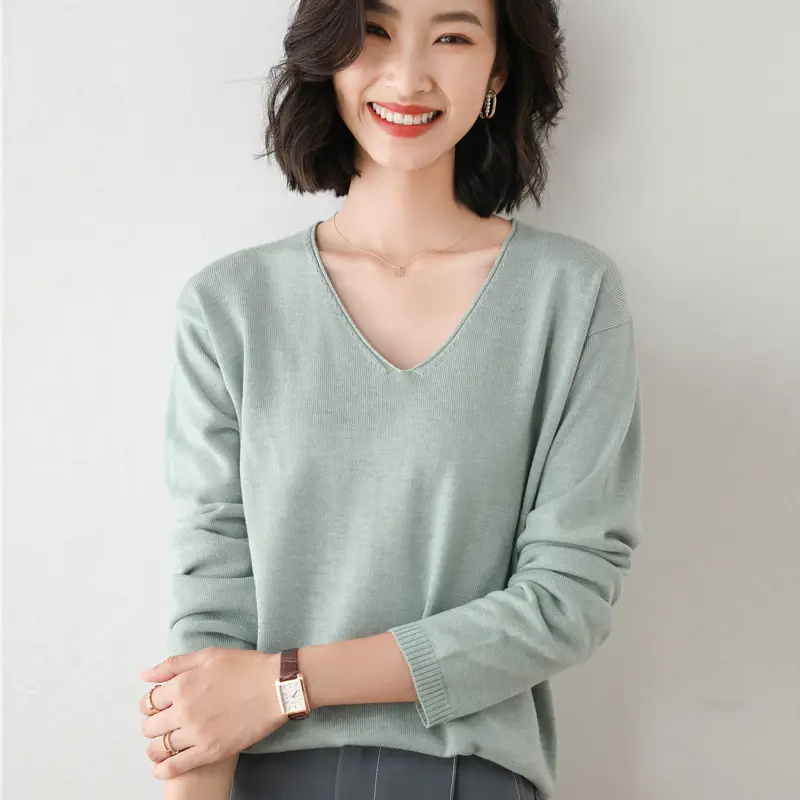 Women's Red V-Neck Knitted Pullover Sweater - Image 8