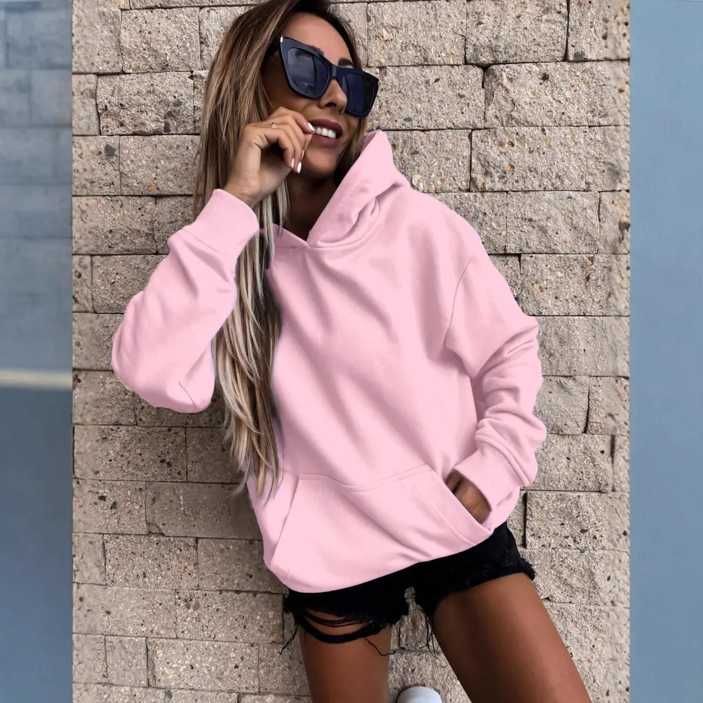 Women Long Sleeve Solid Color Hooded Pullover Sweater - Image 4