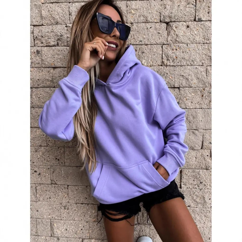 Women Long Sleeve Solid Color Hooded Pullover Sweater - Image 6