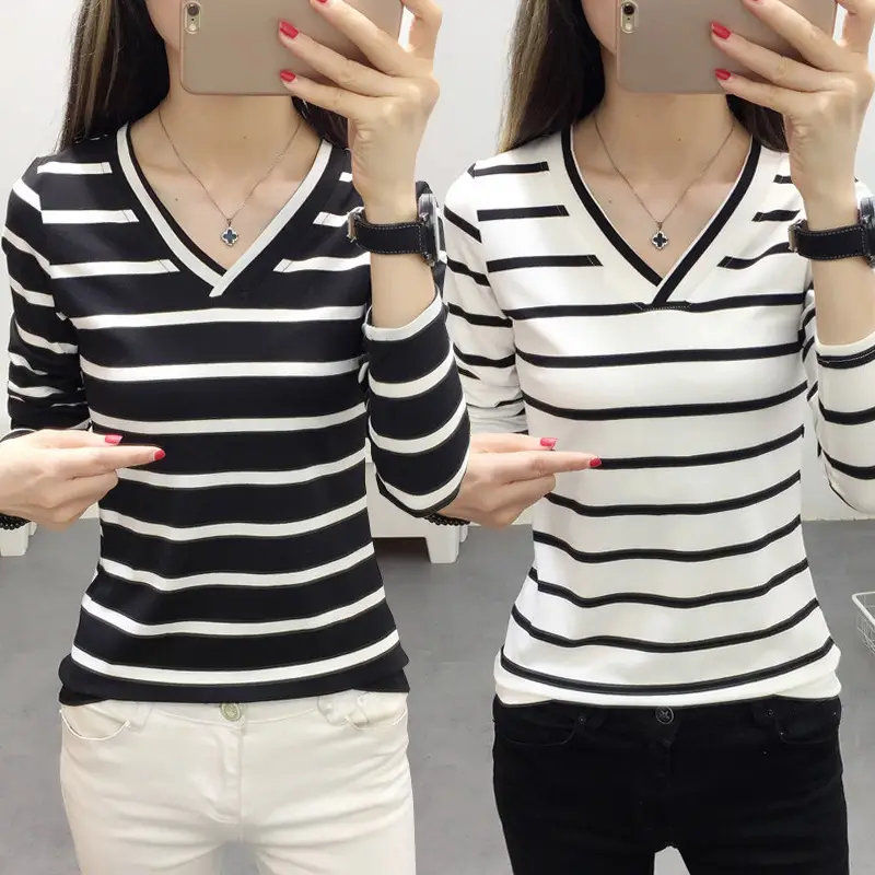 Cross-Border V-Neck Striped Long Sleeve T-Shirt for Women - Image 9