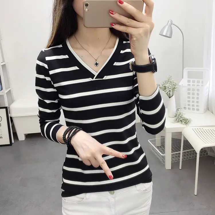 Cross-Border V-Neck Striped Long Sleeve T-Shirt for Women - Image 10