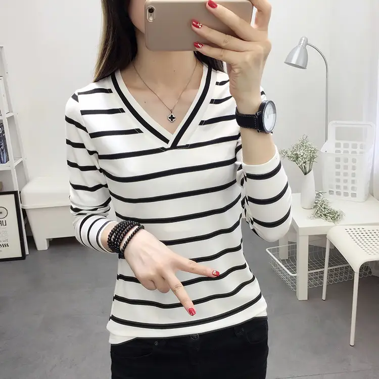 Cross-Border V-Neck Striped Long Sleeve T-Shirt for Women - Image 11