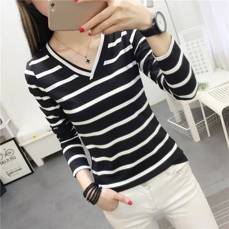 Cross-Border V-Neck Striped Long Sleeve T-Shirt for Women - Image 12