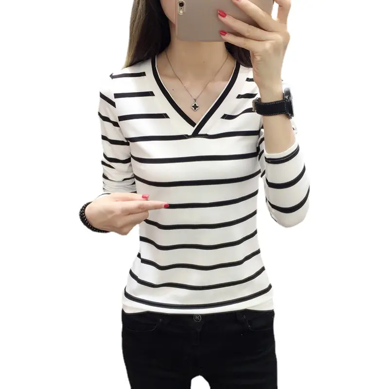 Cross-Border V-Neck Striped Long Sleeve T-Shirt for Women - Image 13