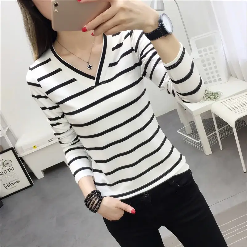 Cross-Border V-Neck Striped Long Sleeve T-Shirt for Women - Image 4
