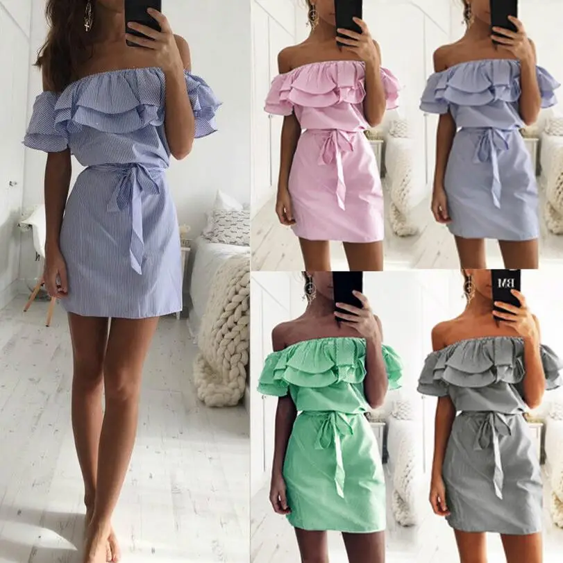 Green Strapless Lotus Sleeve Striped Women's Dress
