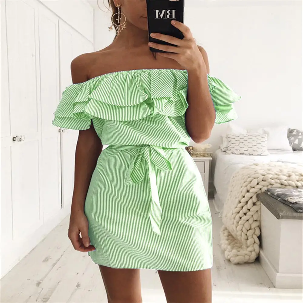 Green Strapless Lotus Sleeve Striped Women's Dress