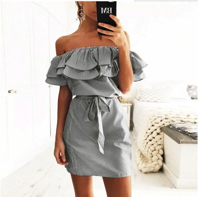Green Strapless Lotus Sleeve Striped Women's Dress