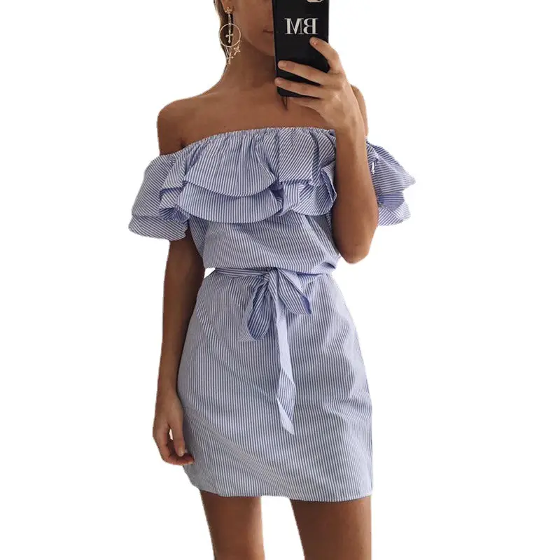 Green Strapless Lotus Sleeve Striped Women's Dress