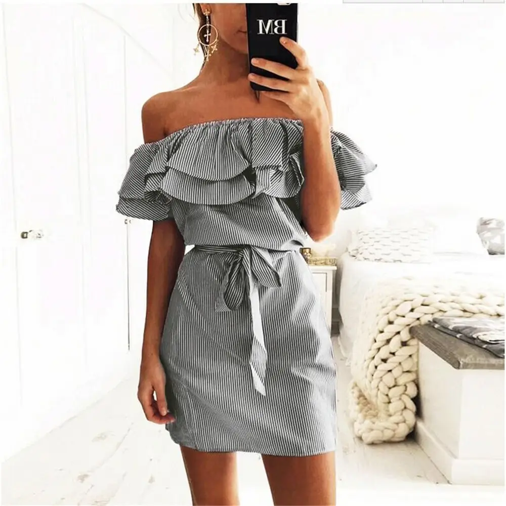 Green Strapless Lotus Sleeve Striped Women's Dress