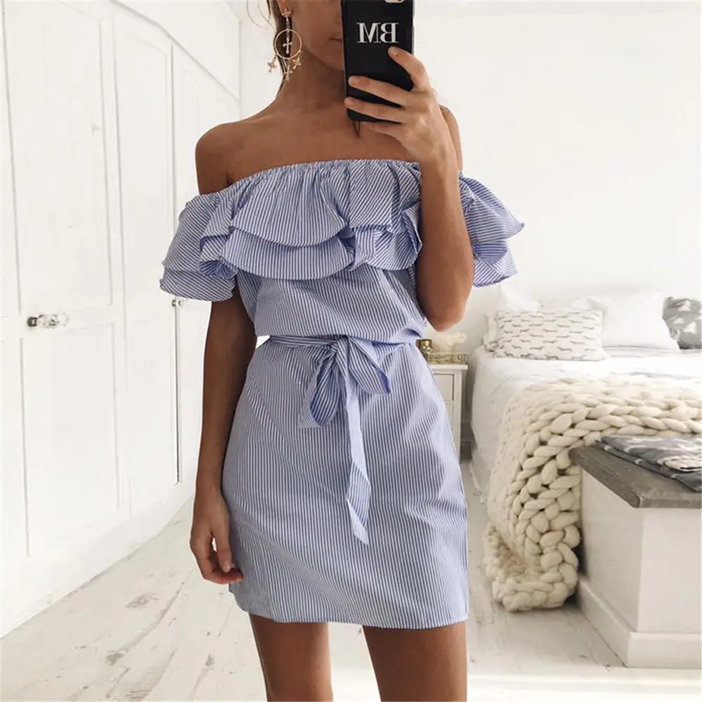 Green Strapless Lotus Sleeve Striped Women's Dress