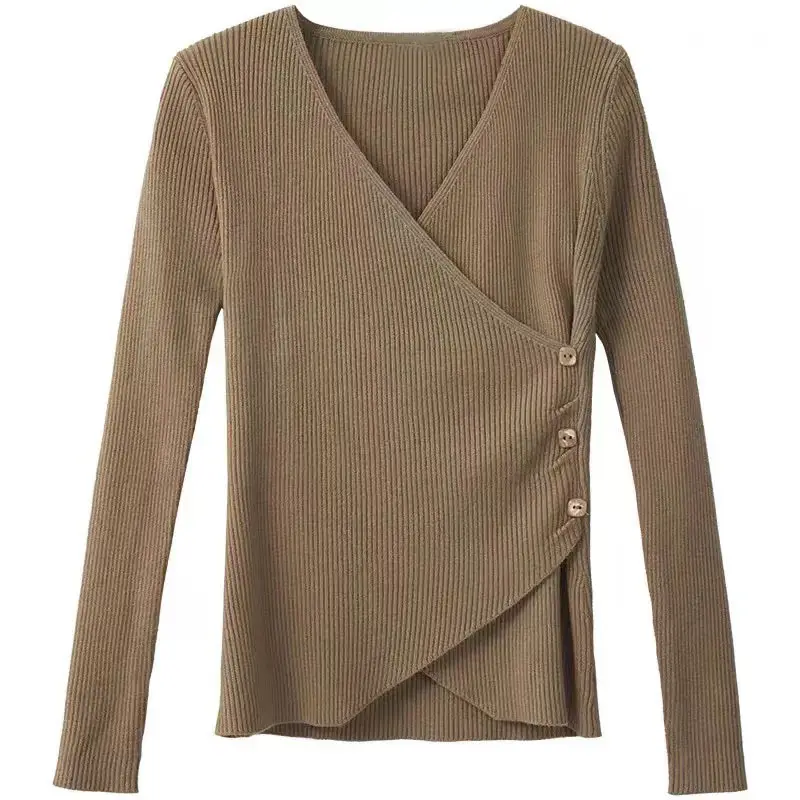Women Cross V Neck Sweater White Long Sleeve - Image 9