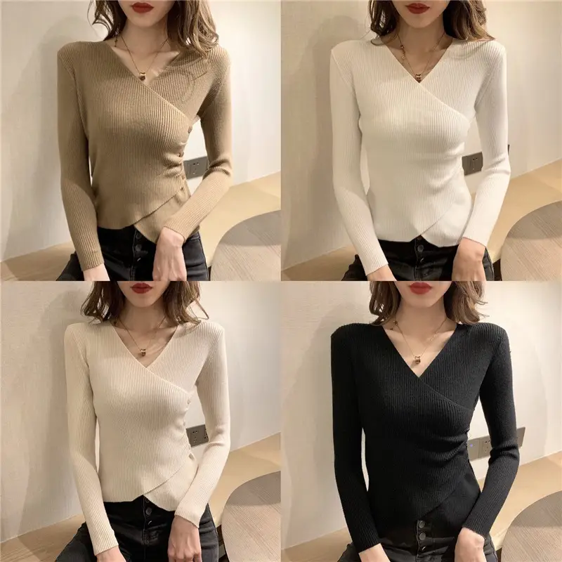 Women Cross V Neck Sweater White Long Sleeve — feature 1