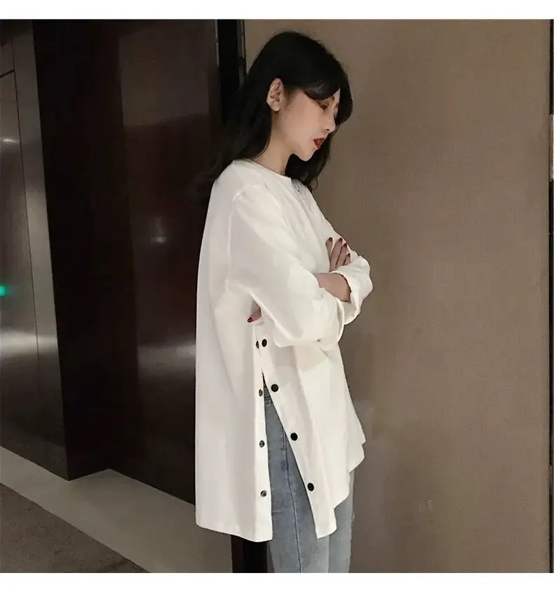 Women Korean Style Long Sleeve T-Shirt White Loose Fit — feature 4