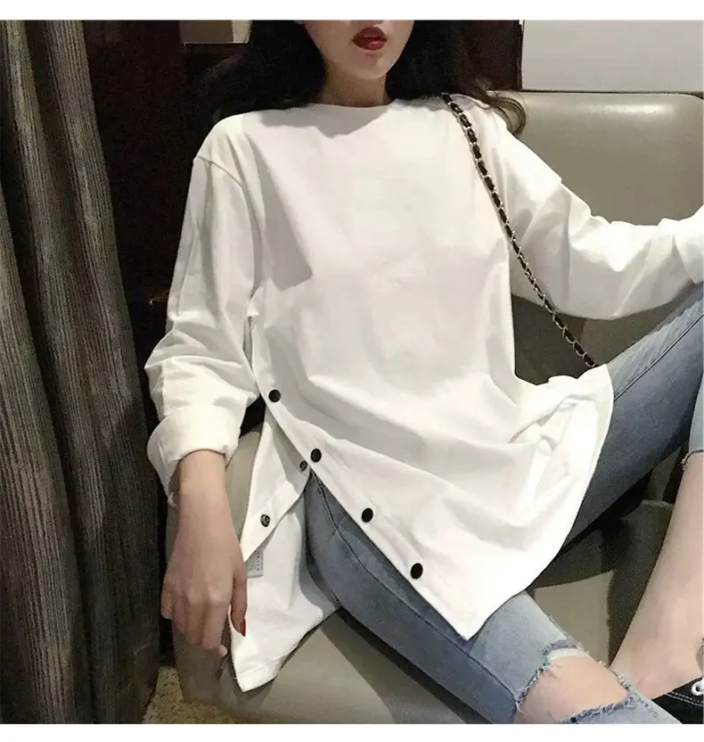 Women Korean Style Long Sleeve T-Shirt White Loose Fit — feature 7