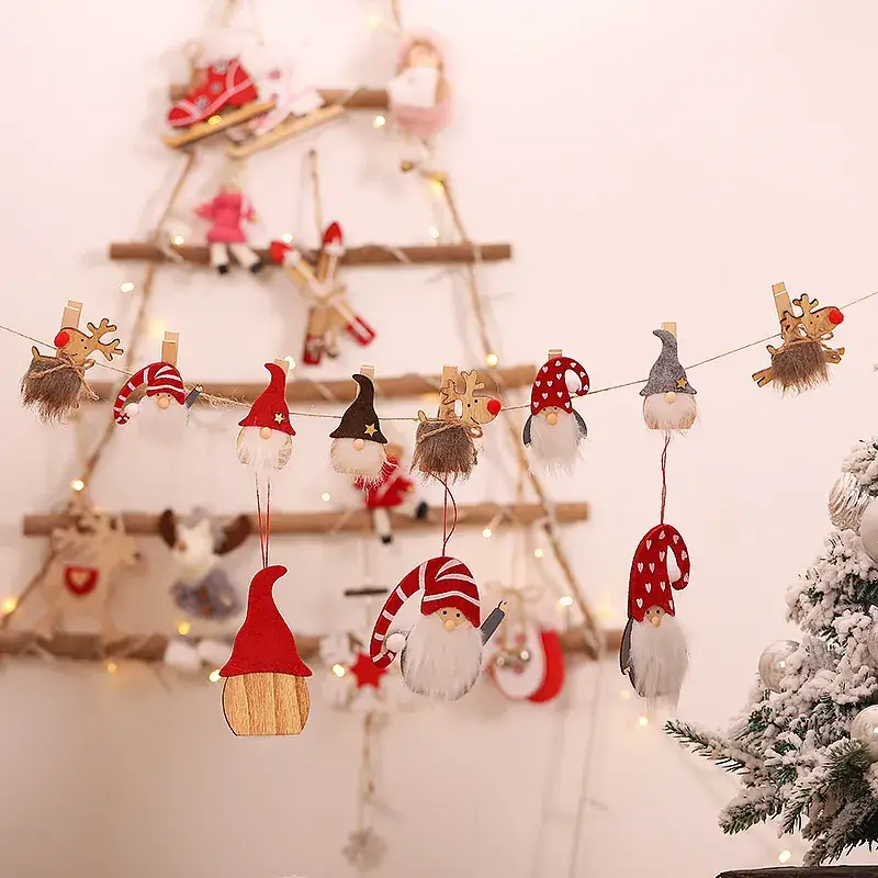 Wooden Christmas Gnome Decorations Brown Red Grey with Stars - Image 5