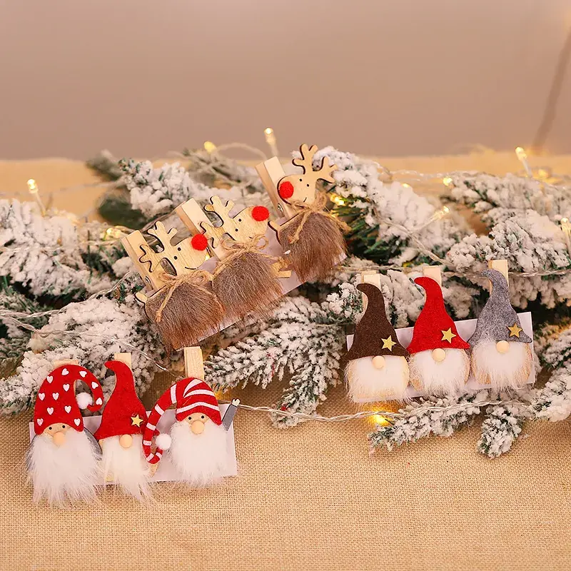 Wooden Christmas Gnome Decorations Brown Red Grey with Stars - Image 6