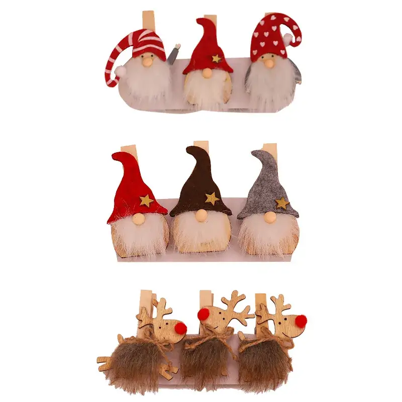 Wooden Christmas Gnome Decorations Brown Red Grey with Stars - Image 8