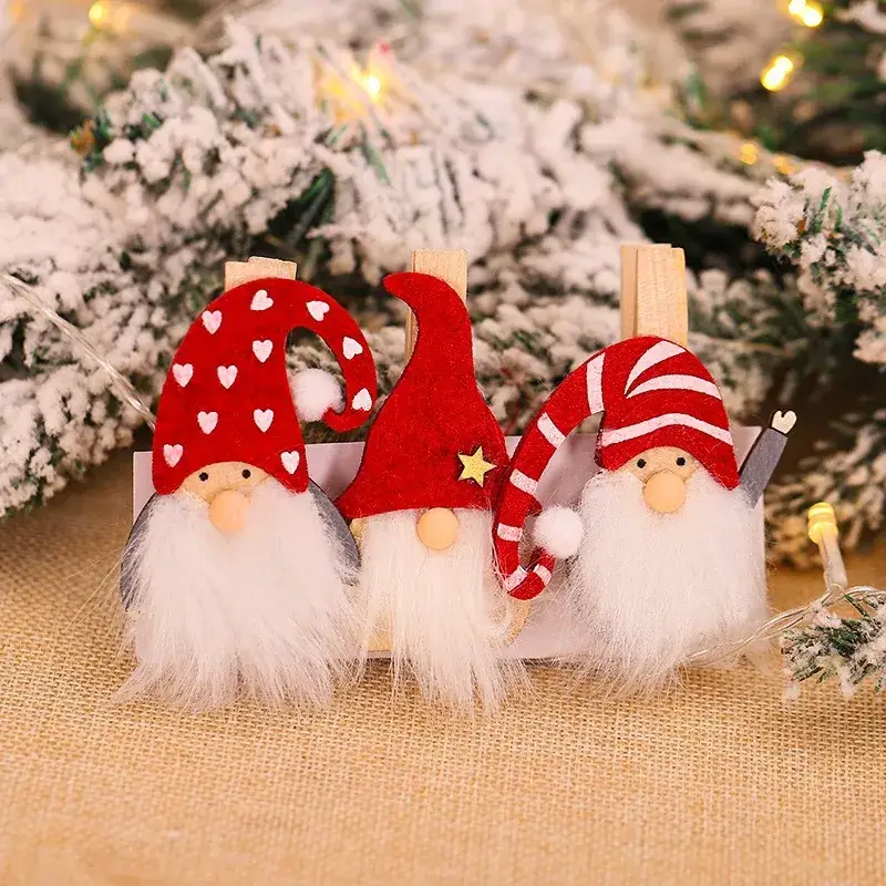 Wooden Christmas Gnome Decorations Brown Red Grey with Stars - Image 2