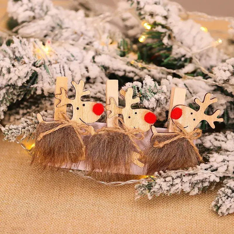 Wooden Christmas Gnome Decorations Brown Red Grey with Stars - Image 3