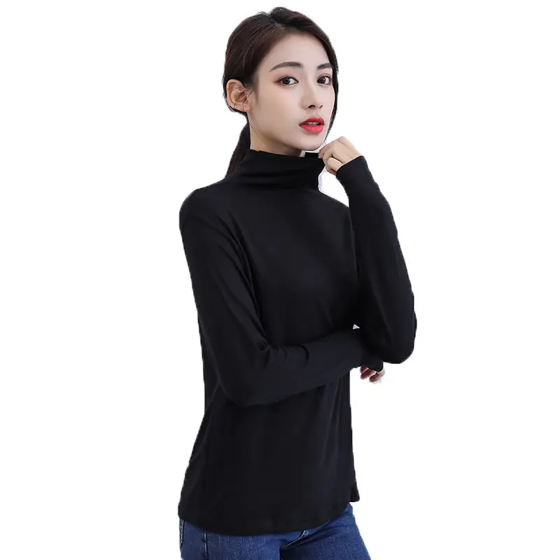 Women's Spring Autumn White Long Sleeve T-Shirt with Half Collar - Image 14