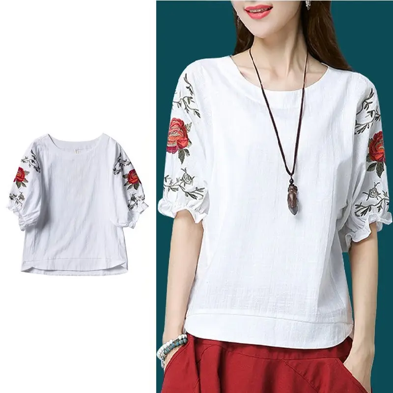 Women Cotton Embroidered T-Shirt White Summer Loose Fit - Image 5