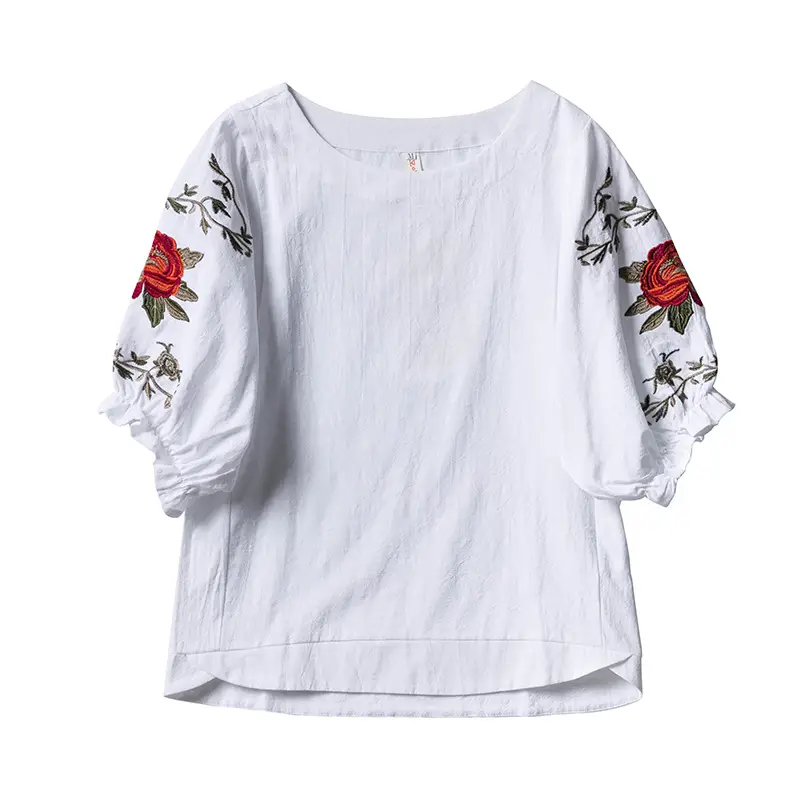 Women Cotton Embroidered T-Shirt White Summer Loose Fit - Image 8