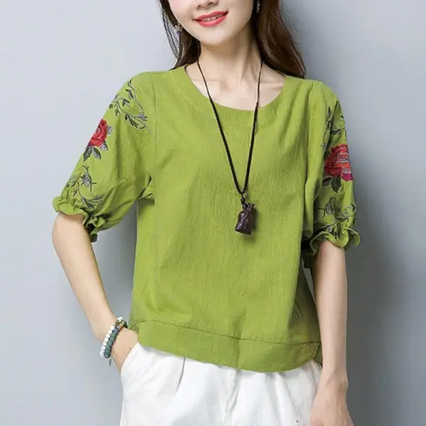 Women Cotton Embroidered T-Shirt White Summer Loose Fit - Image 2