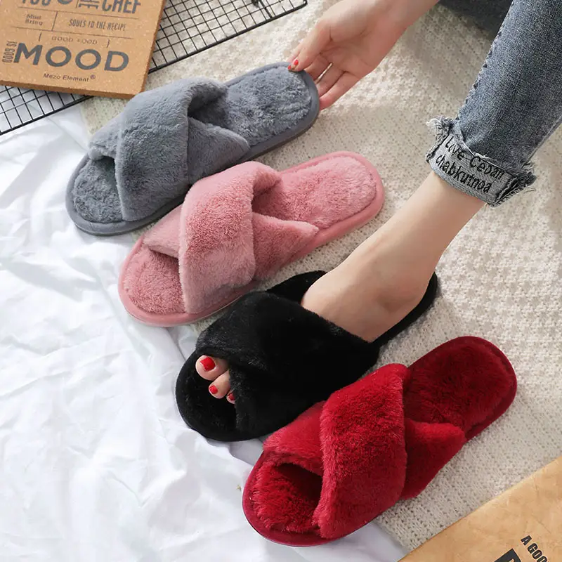 Amazon Explosions Cross Plush Slippers Autumn and Winter New Indoor Warm Cotton Slippers Thickened Leaky Toe Mao Mao Slippers
