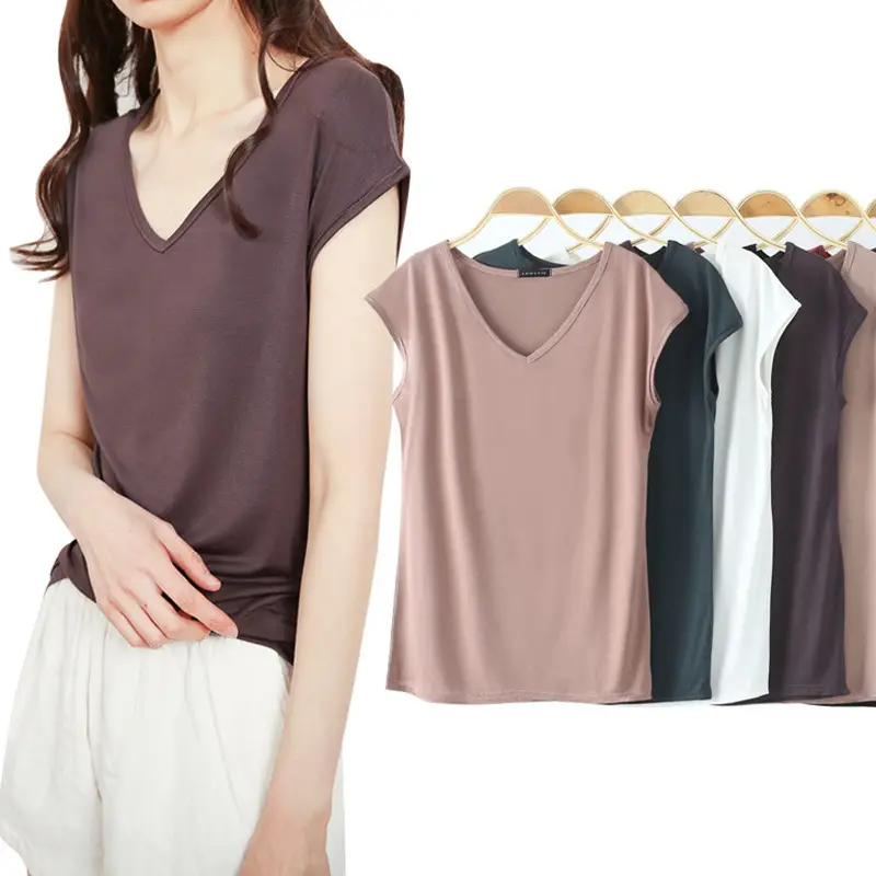 Women V-neck Sleeveless T-Shirt Modal Pink