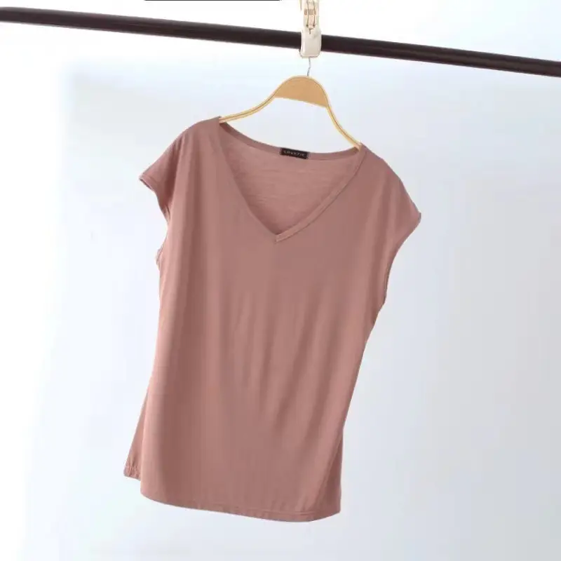 Women V-neck Sleeveless T-Shirt Modal Pink