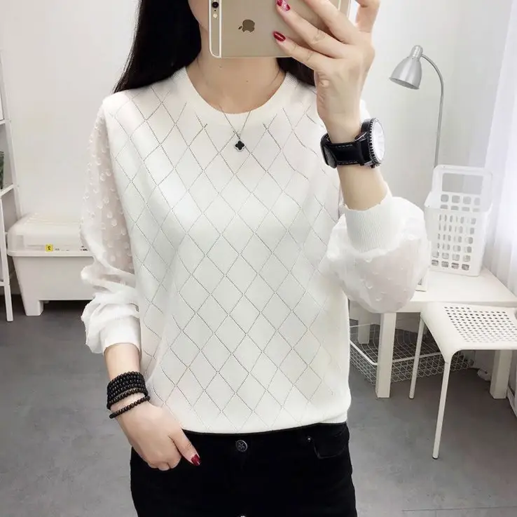 Women's White Lace Knit Pullover Sweater Long Sleeve - Image 3