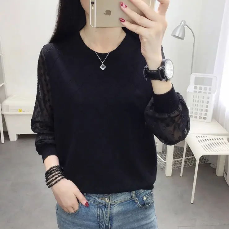 Women's White Lace Knit Pullover Sweater Long Sleeve - Image 2