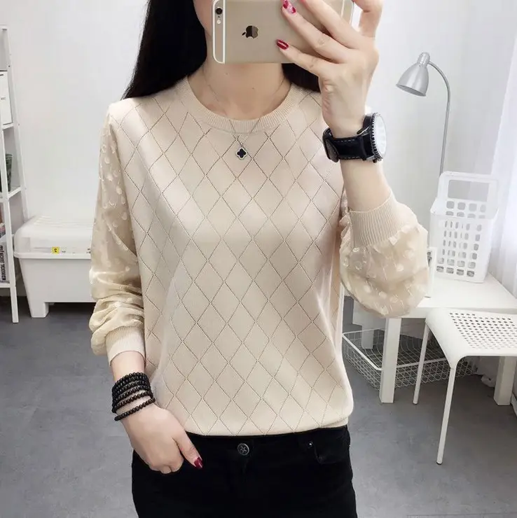 Women's White Lace Knit Pullover Sweater Long Sleeve - Image 5