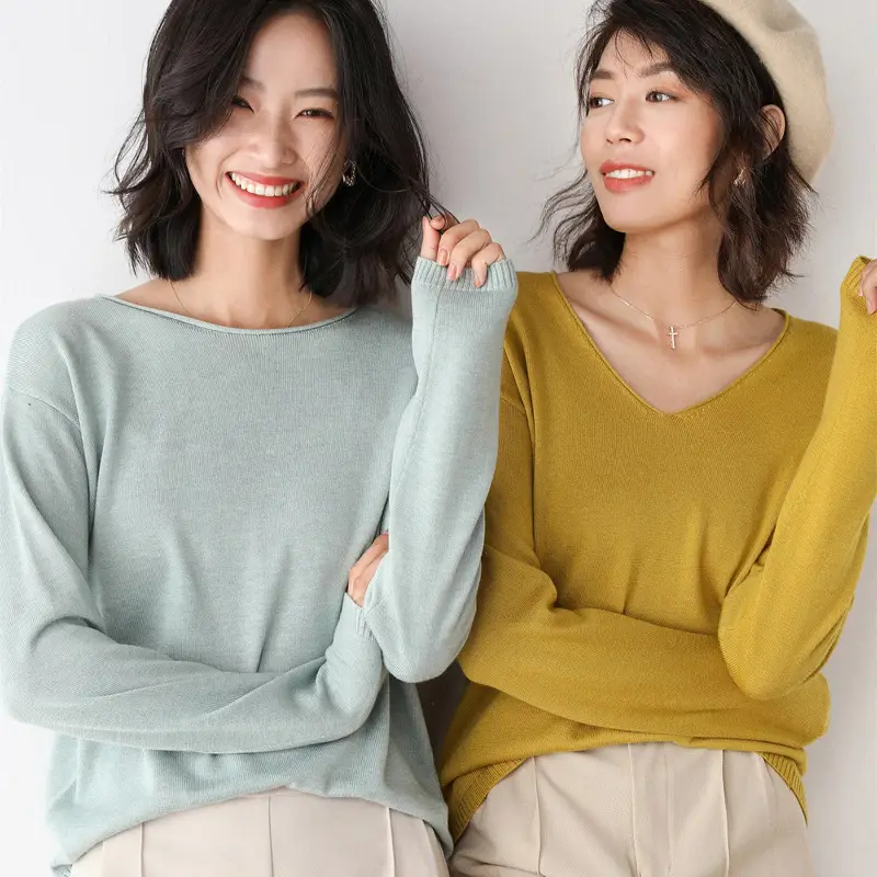 Women Long Sleeve Knit Sweater V Neck Plus Size