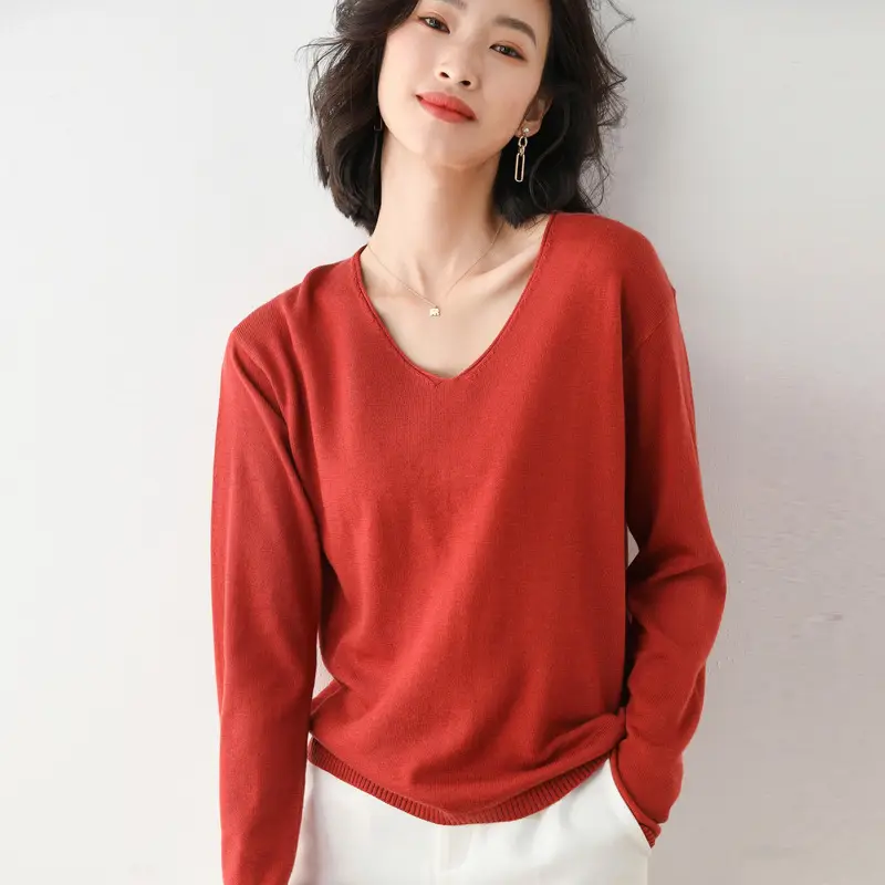 Women Long Sleeve Knit Sweater V Neck Plus Size