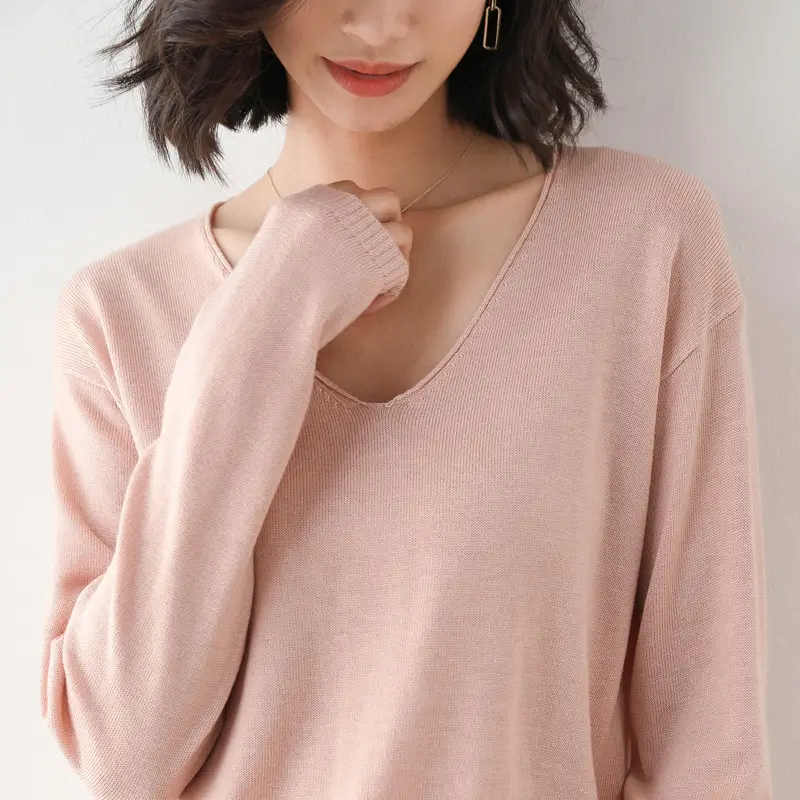 Women Long Sleeve Knit Sweater V Neck Plus Size