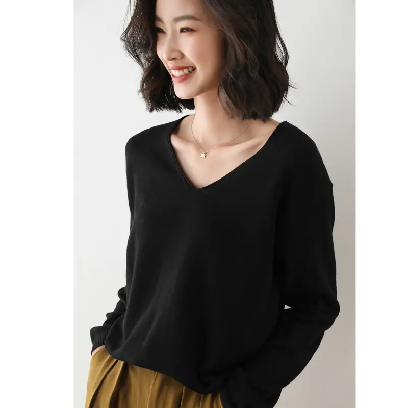 Women Long Sleeve Knit Sweater V Neck Plus Size