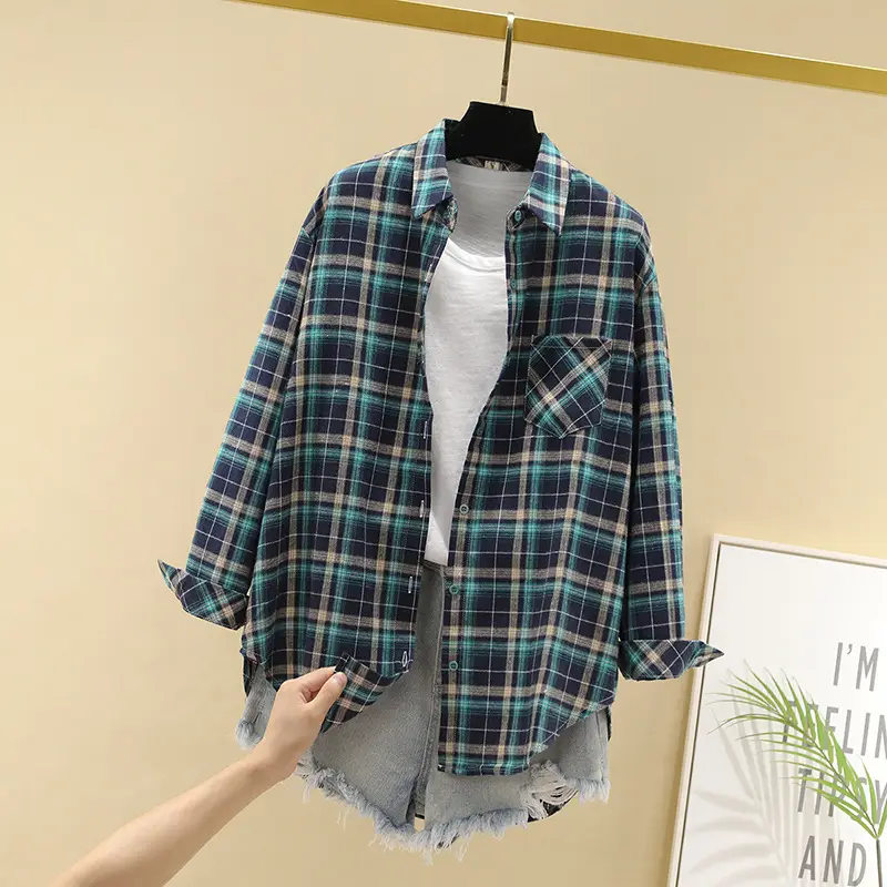 Women Cotton Plaid Shirt Long Sleeve Retro Korean Style - Image 23