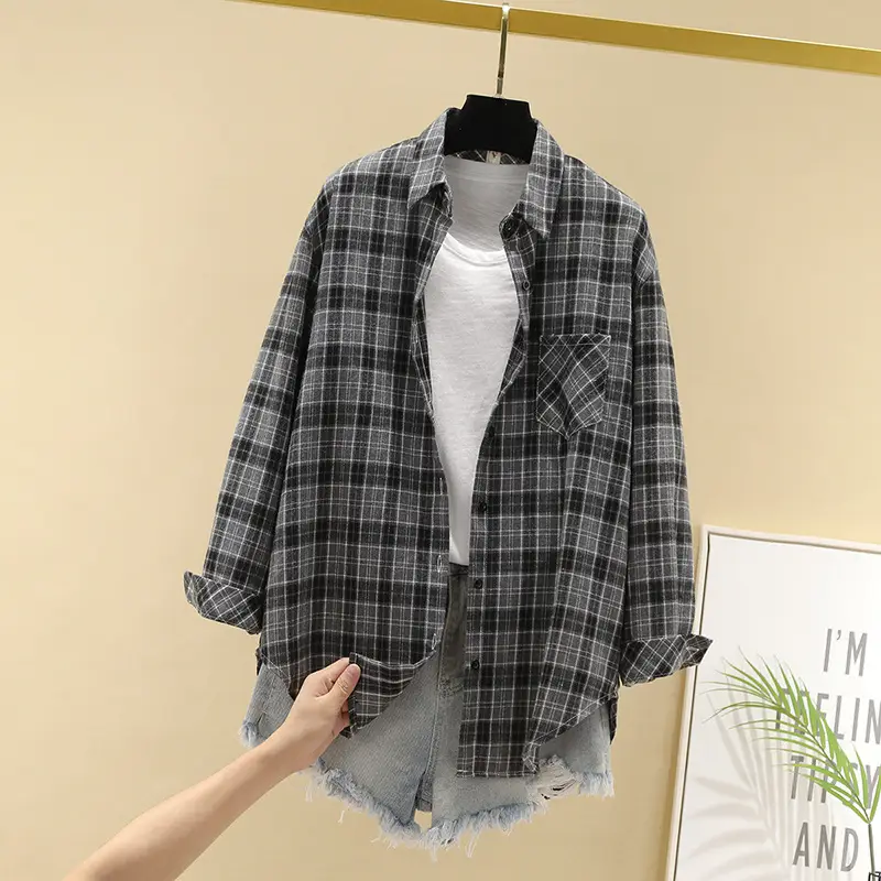 Women Cotton Plaid Shirt Long Sleeve Retro Korean Style - Image 24
