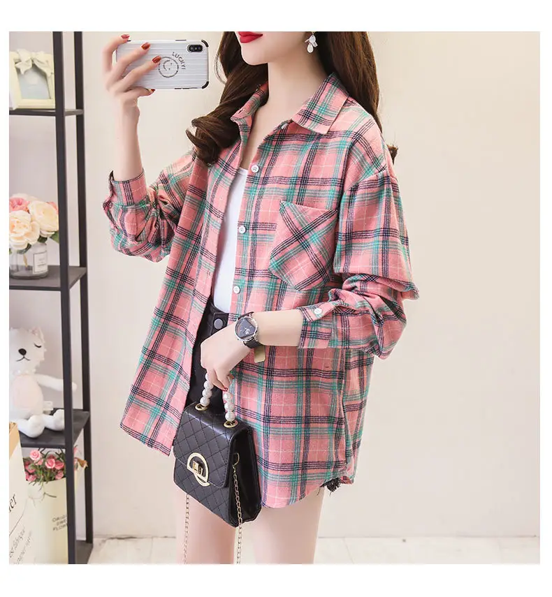 Women Cotton Plaid Shirt Long Sleeve Retro Korean Style — feature 10