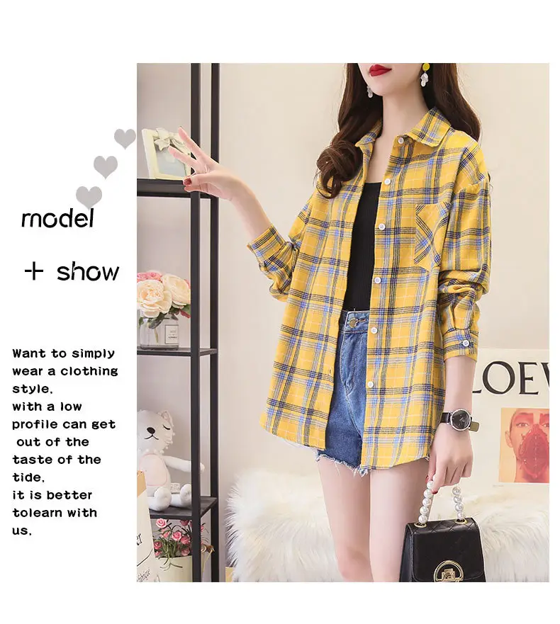 Women Cotton Plaid Shirt Long Sleeve Retro Korean Style — feature 11